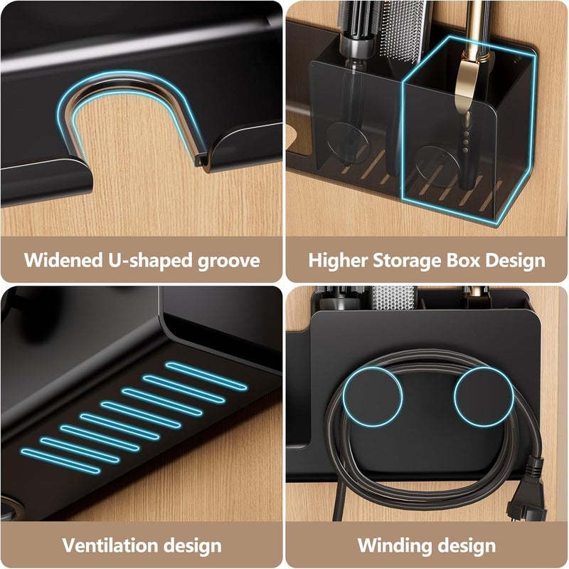 FEZHI Hair Dryer Holder,3-in-1 Hair Tool Organizer Heightened design with Plug&Cord Winding,Blow Dryer Holder Wall Mounted/Cabinet Door for Flat/Curling Irons Hair Straighteners (Black) - Image 3
